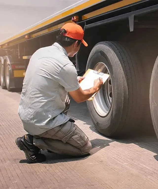 Technician inspecting a truck tyre with a checklist